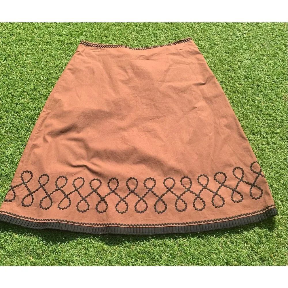 ODILLE ANTHROPOLOGIE Brown black embroidered trim A-LINE Garden Spring SKIRT